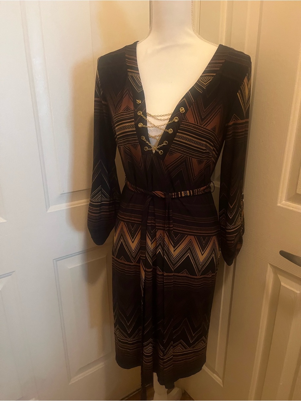 Emma & Michele Brown and Black Geo-Print Long Sleeve Dress with Chain Detail